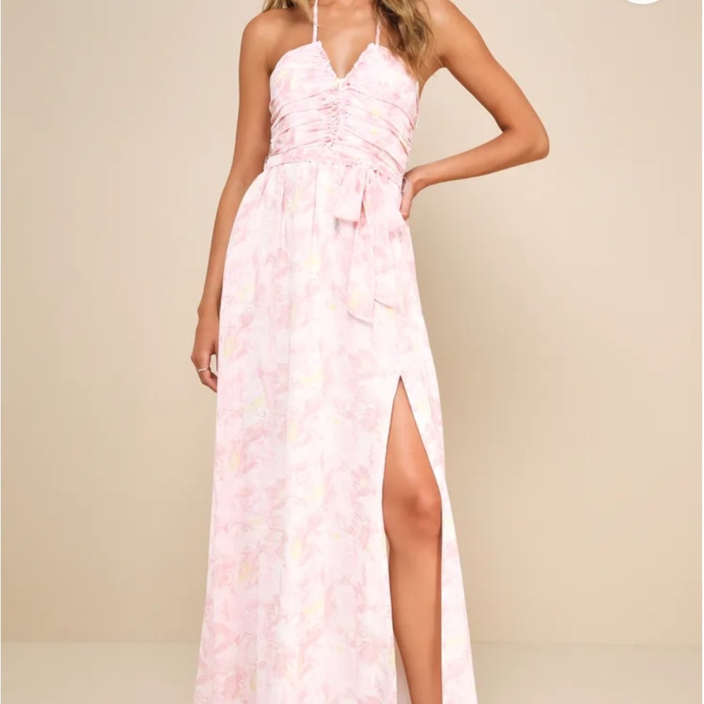 Effortlessly Abloom Light Pink Floral Ruched Halter Maxi Dress